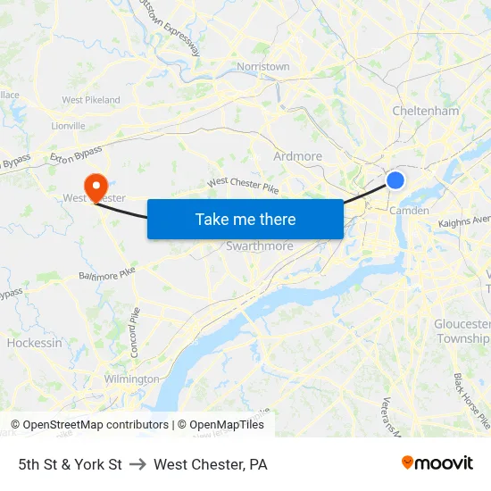 5th St & York St to West Chester, PA map