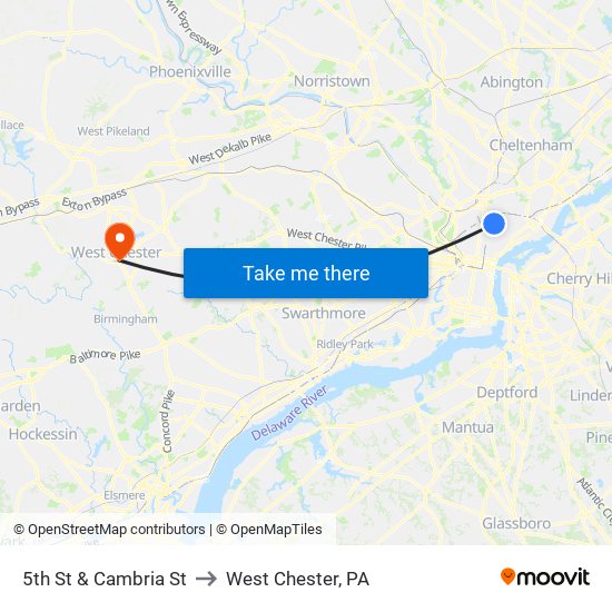 5th St & Cambria St to West Chester, PA map