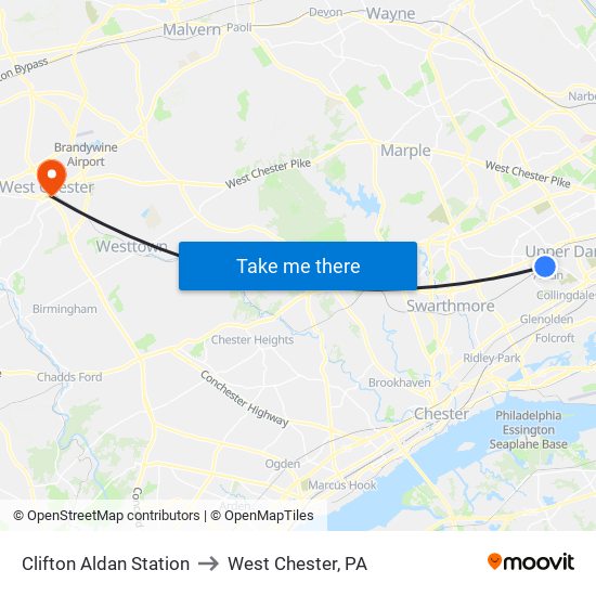 Clifton Aldan Station to West Chester, PA map
