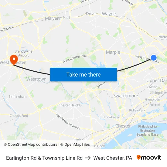 Earlington Rd & Township Line Rd to West Chester, PA map