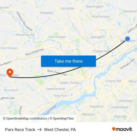 Parx Race Track to West Chester, PA map