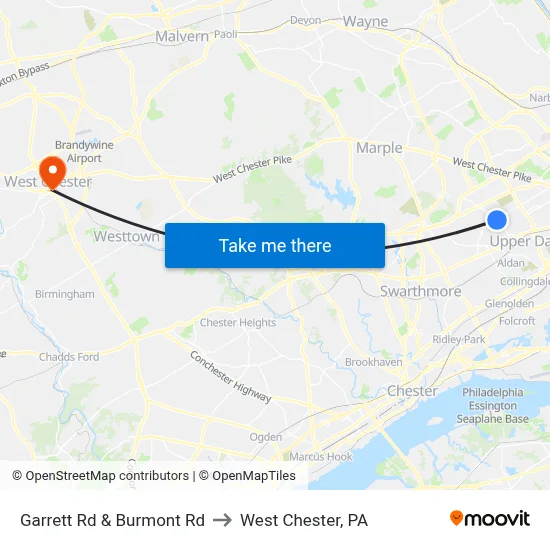 Garrett Rd & Burmont Rd to West Chester, PA map
