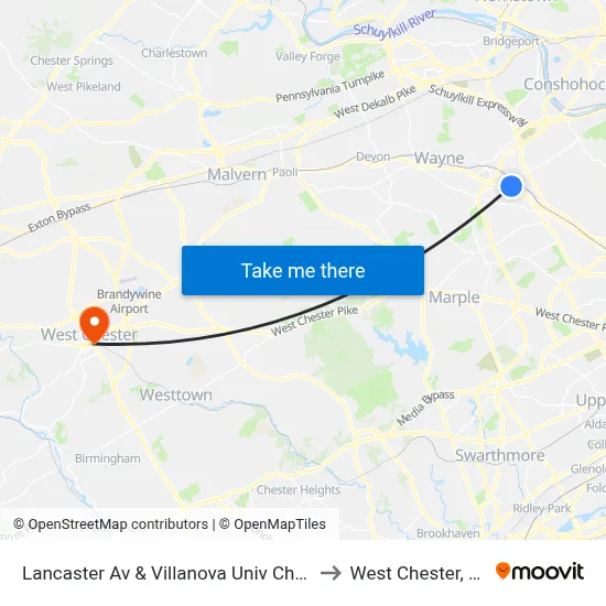 Lancaster Av & Villanova Univ Chapl to West Chester, PA map