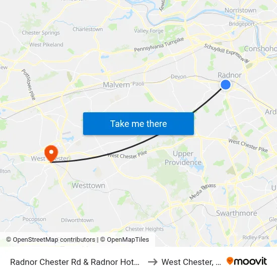 Radnor Chester Rd & Radnor Hotel Dr to West Chester, PA map