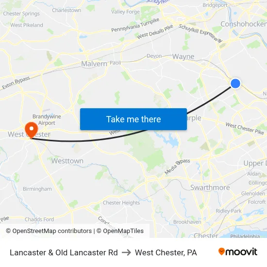 Lancaster & Old Lancaster Rd to West Chester, PA map