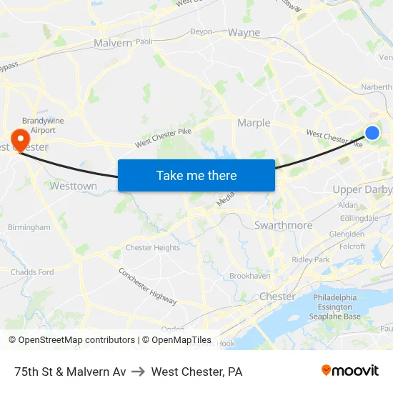 75th St & Malvern Av to West Chester, PA map