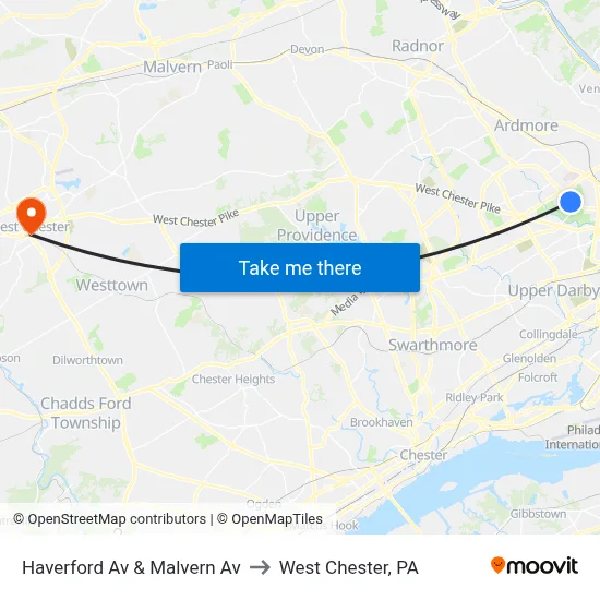 Haverford Av & Malvern Av to West Chester, PA map
