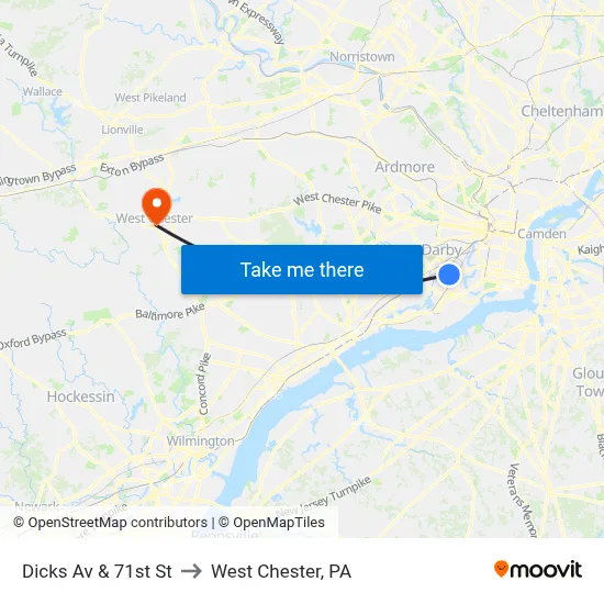 Dicks Av & 71st St to West Chester, PA map