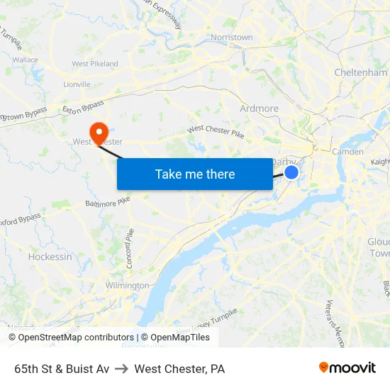 65th St & Buist Av to West Chester, PA map