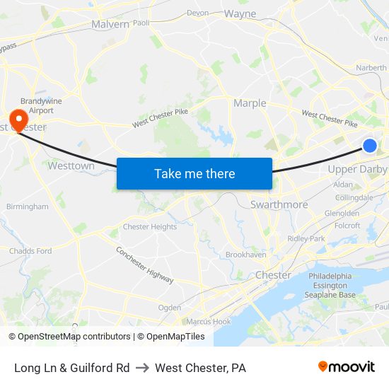 Long Ln & Guilford Rd to West Chester, PA map
