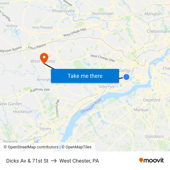 Dicks Av & 71st St to West Chester, PA map