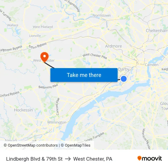 Lindbergh Blvd & 79th St to West Chester, PA map