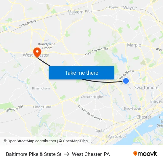 Baltimore Pike & State St to West Chester, PA map