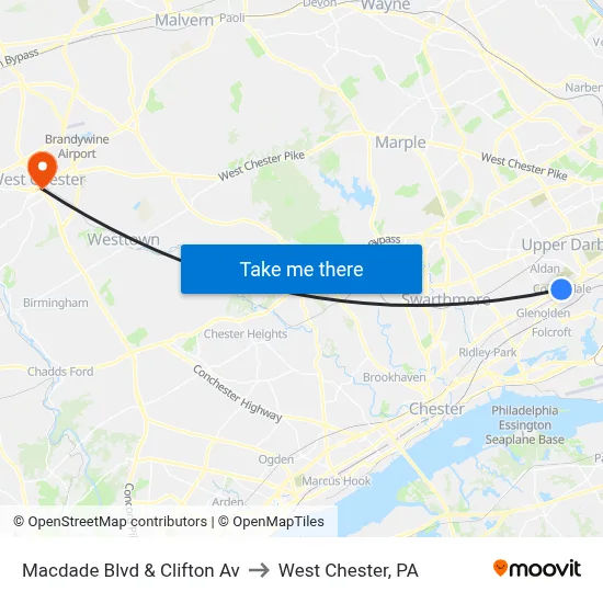Macdade Blvd & Clifton Av to West Chester, PA map