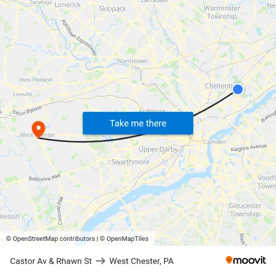Castor Av & Rhawn St to West Chester, PA map