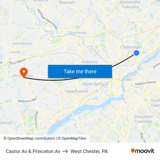 Castor Av & Princeton Av to West Chester, PA map