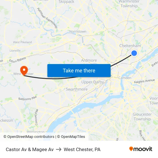 Castor Av & Magee Av to West Chester, PA map