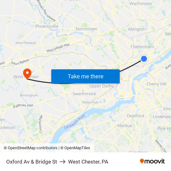 Oxford Av & Bridge St to West Chester, PA map