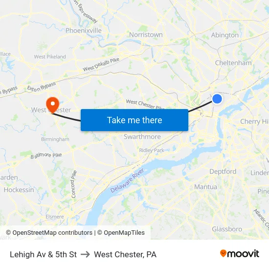 Lehigh Av & 5th St to West Chester, PA map
