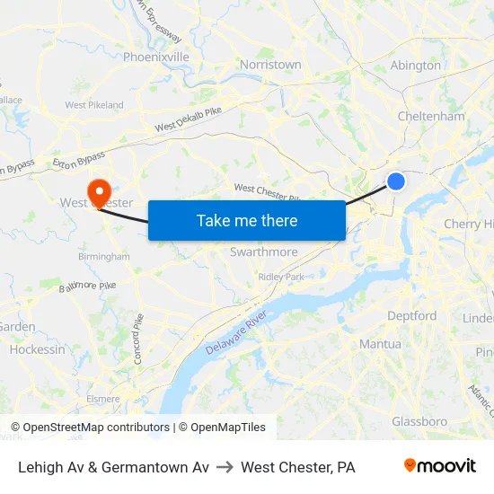 Lehigh Av & Germantown Av to West Chester, PA map