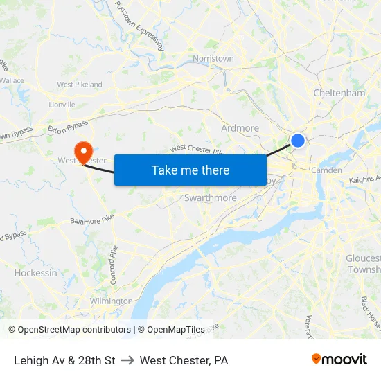 Lehigh Av & 28th St to West Chester, PA map