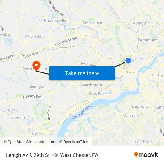 Lehigh Av & 29th St to West Chester, PA map