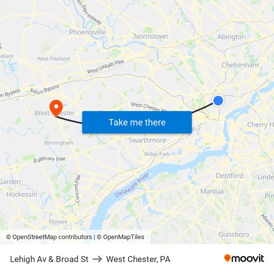 Lehigh Av & Broad St to West Chester, PA map