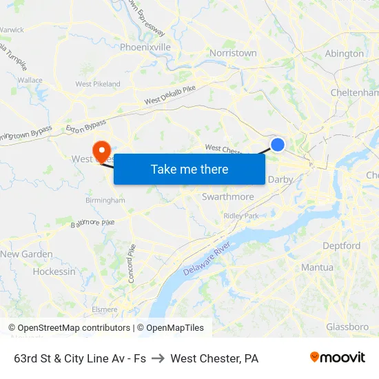 63rd St & City Line Av - Fs to West Chester, PA map