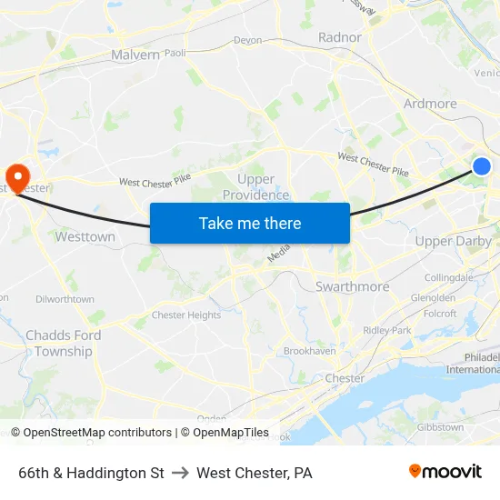 66th & Haddington St to West Chester, PA map