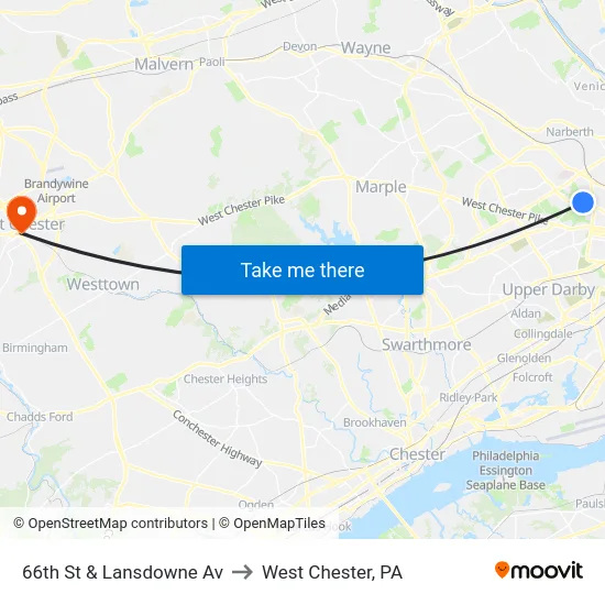 66th St & Lansdowne Av to West Chester, PA map