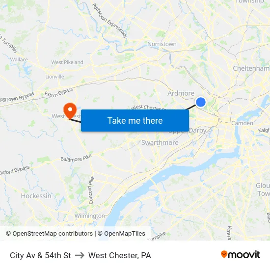 City Av & 54th St to West Chester, PA map