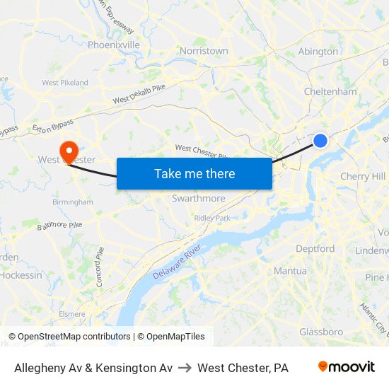 Allegheny Av & Kensington Av to West Chester, PA map
