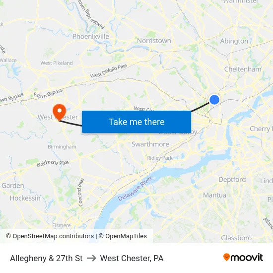 Allegheny & 27th St to West Chester, PA map