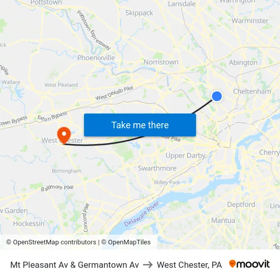 Mt Pleasant Av & Germantown Av to West Chester, PA map