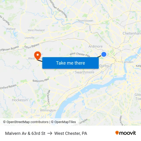 Malvern Av & 63rd St to West Chester, PA map