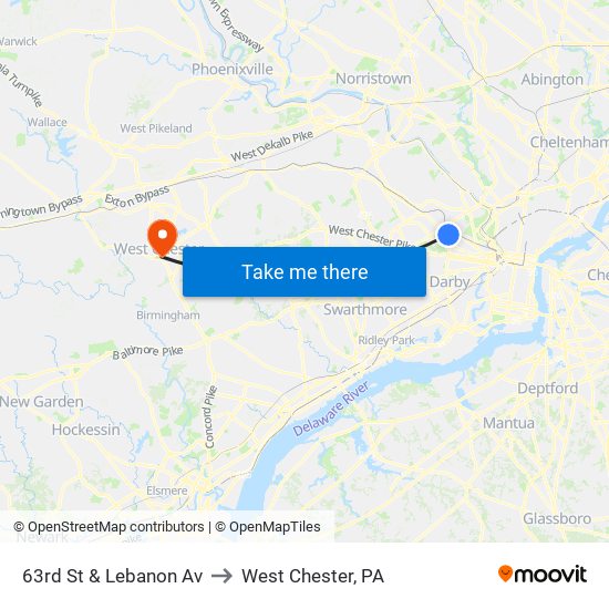 63rd St & Lebanon Av to West Chester, PA map