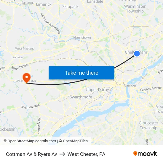 Cottman Av & Ryers Av to West Chester, PA map