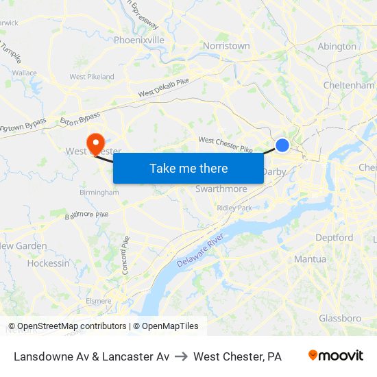Lansdowne Av & Lancaster Av to West Chester, PA map