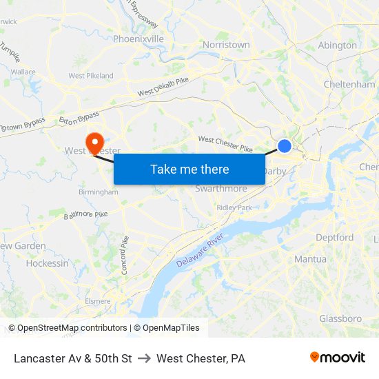 Lancaster Av & 50th St to West Chester, PA map