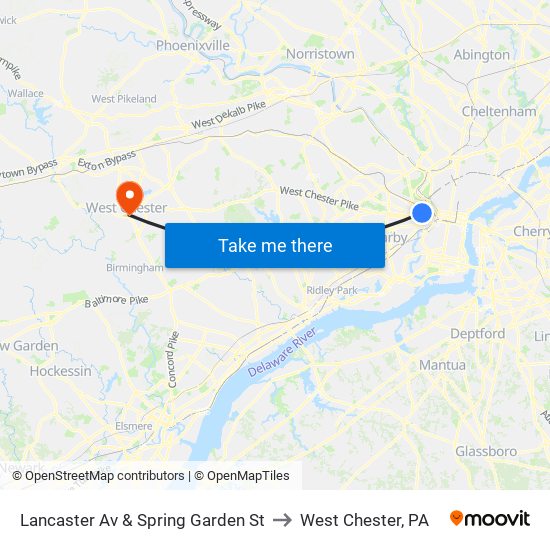 Lancaster Av & Spring Garden St to West Chester, PA map