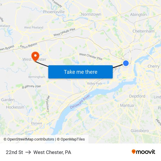 22nd St to West Chester, PA map