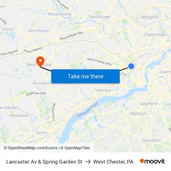Lancaster Av & Spring Garden St to West Chester, PA map