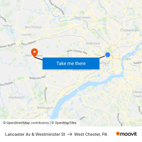 Lancaster Av & Westminster St to West Chester, PA map