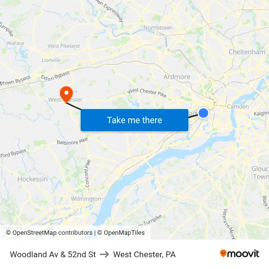 Woodland Av & 52nd St to West Chester, PA map