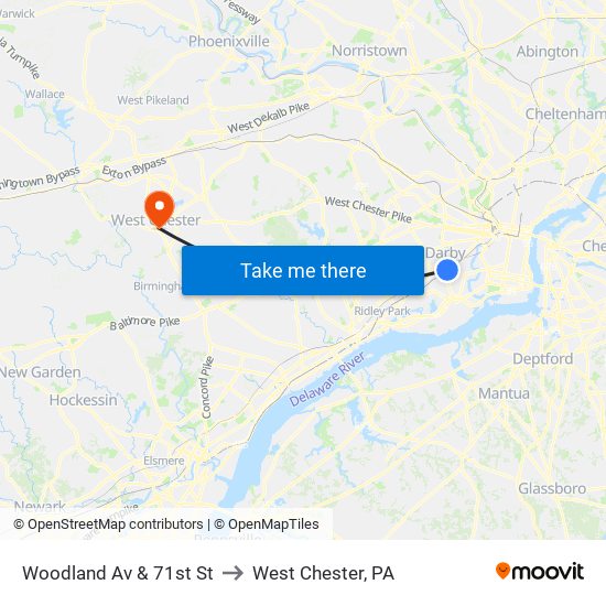 Woodland Av & 71st St to West Chester, PA map