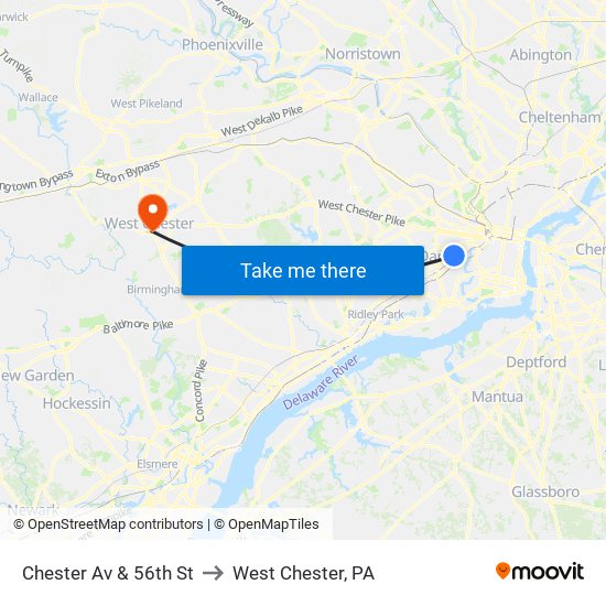 Chester Av & 56th St to West Chester, PA map
