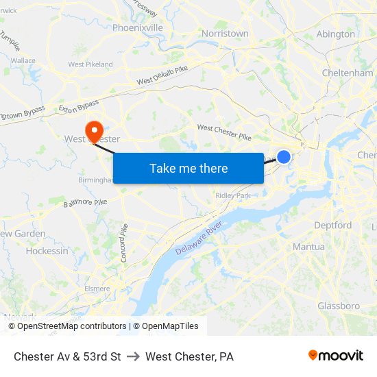 Chester Av & 53rd St to West Chester, PA map