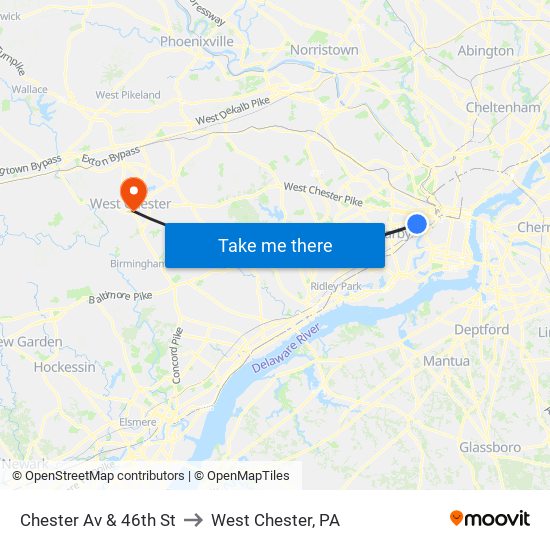Chester Av & 46th St to West Chester, PA map