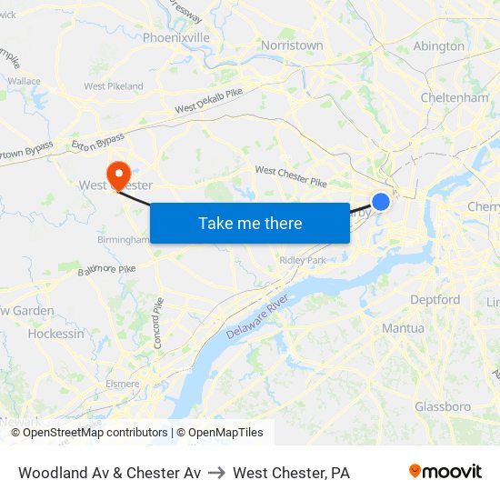 Woodland Av & Chester Av to West Chester, PA map