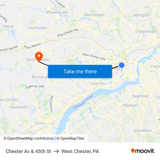 Chester Av & 45th St to West Chester, PA map